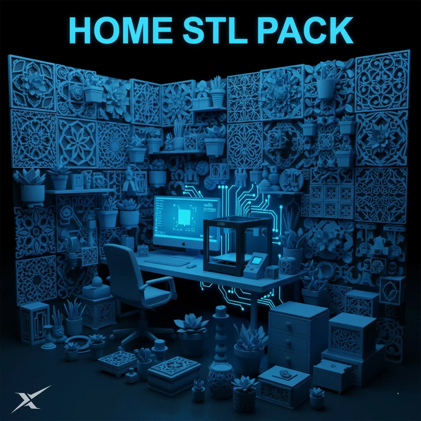 3D printing workspace with computer, 3D printer, and decorative STL model designs