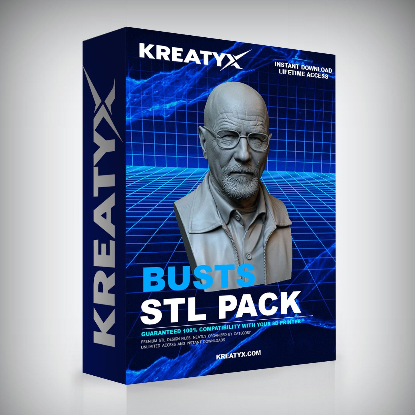 Kreatyx Busts STL Pack packaging with a digital interface design.