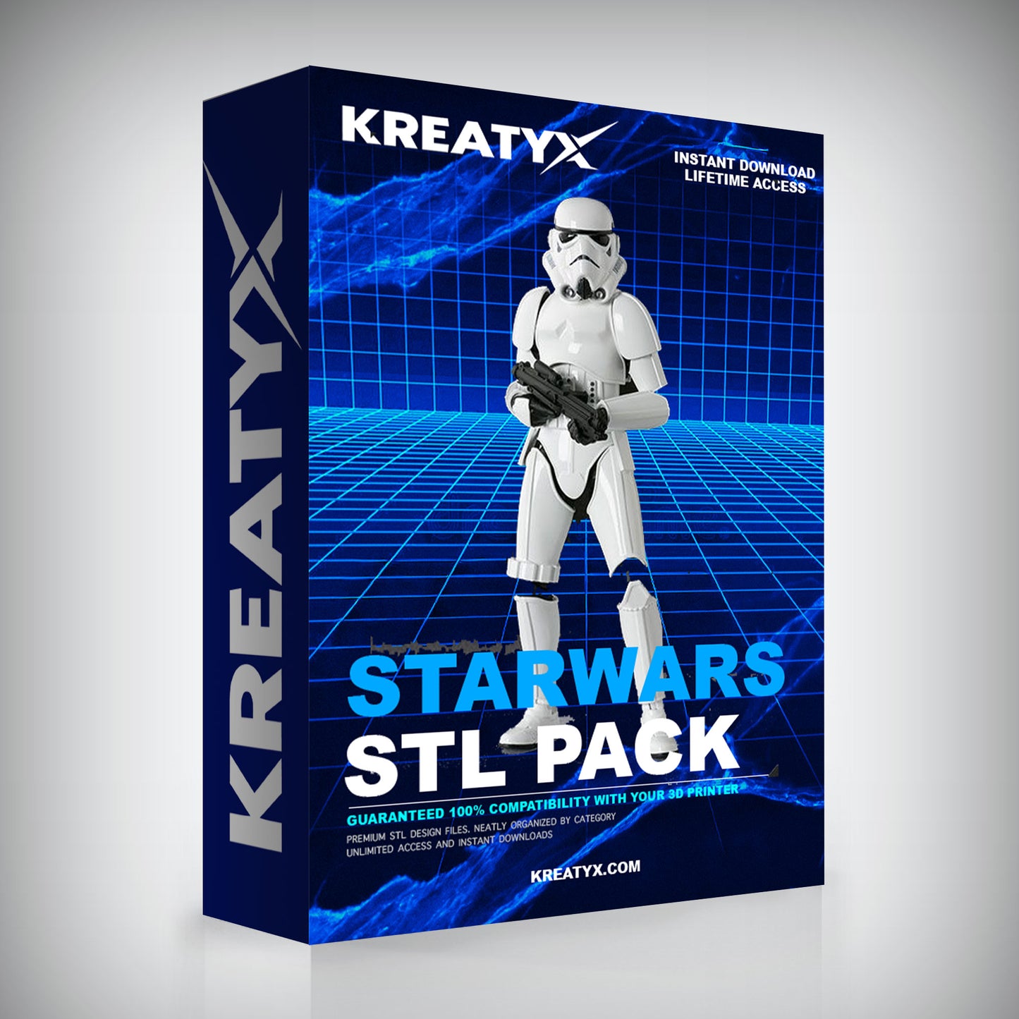 Kreatyx Star Wars STL Pack packaging with a stormtrooper figure on a blue grid background.