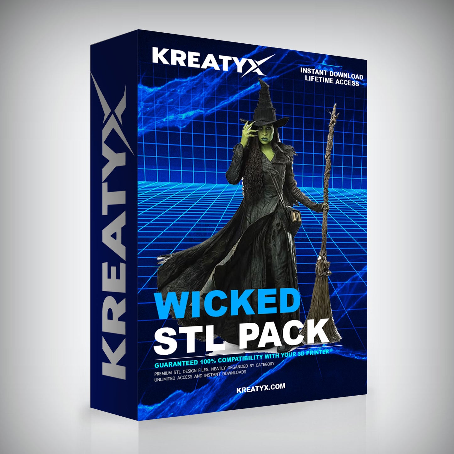 Kreatyx Wicked STL Pack packaging with a witch figure on a blue grid background