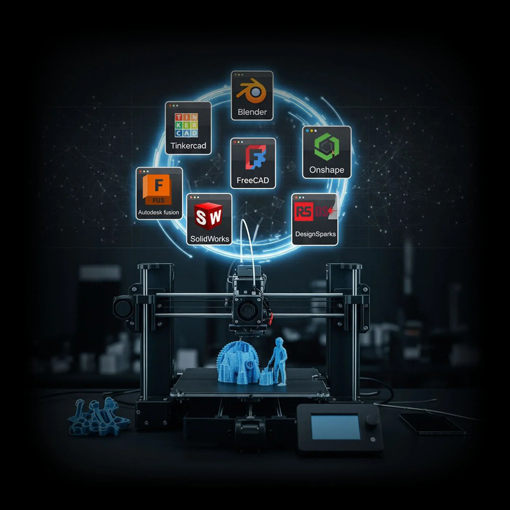 3D printer with blue printed models and CAD software icons such as Blender and SolidWorks