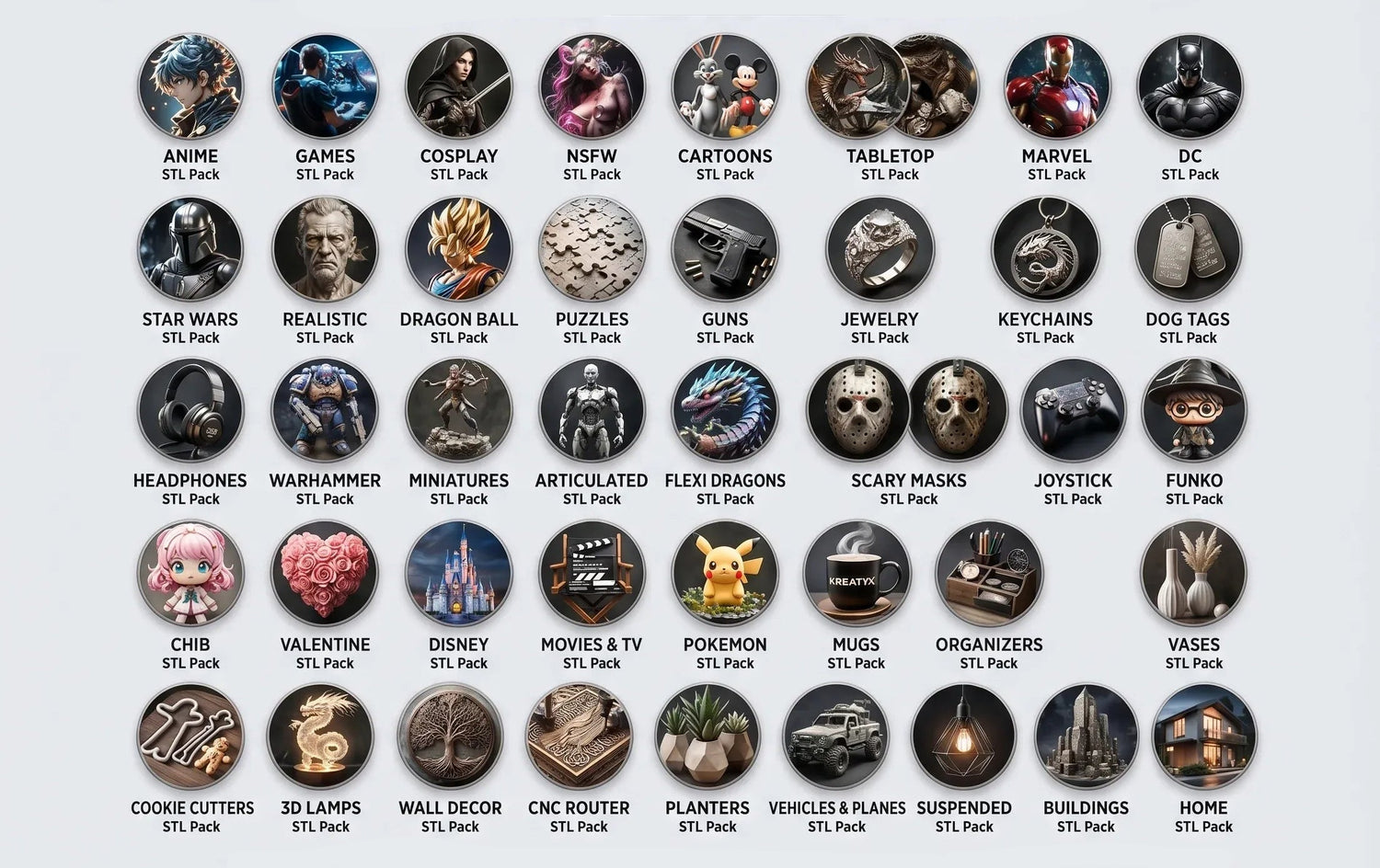 Kreatyx STL Vault Unlocked collection with various categories of 3D printable models on a white background.