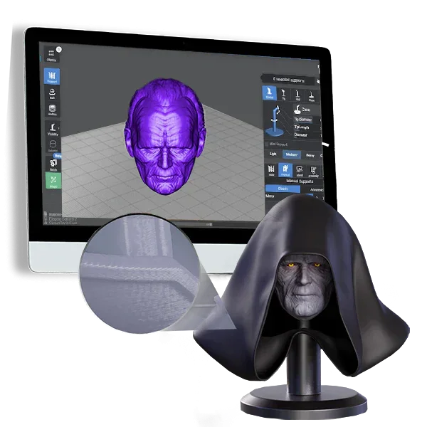 3D modeling software with a purple character head STL file and a 3D printed cloaked figure bust