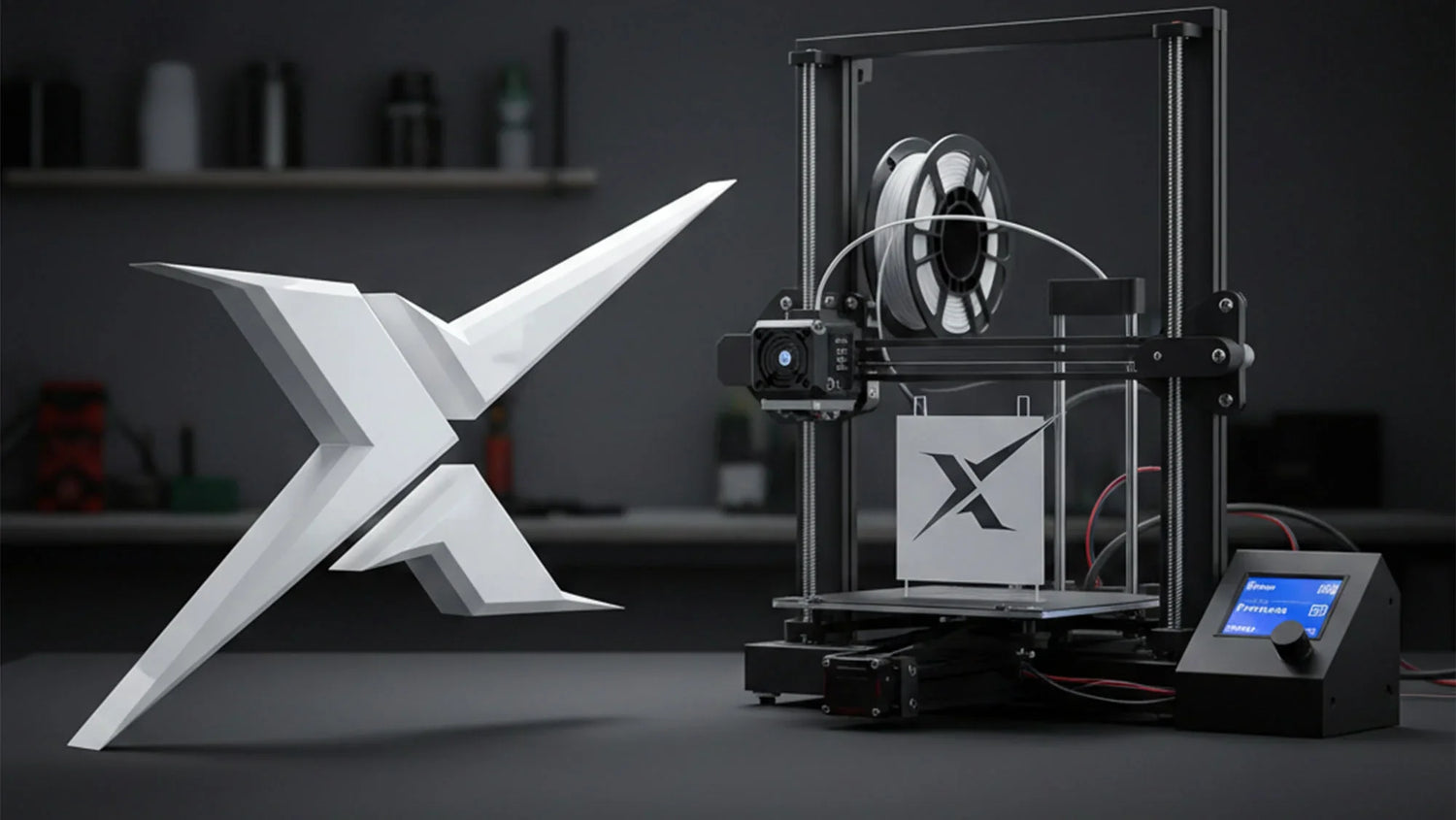 3D printer creating a geometric X-shaped object with filament spool on a modern desk