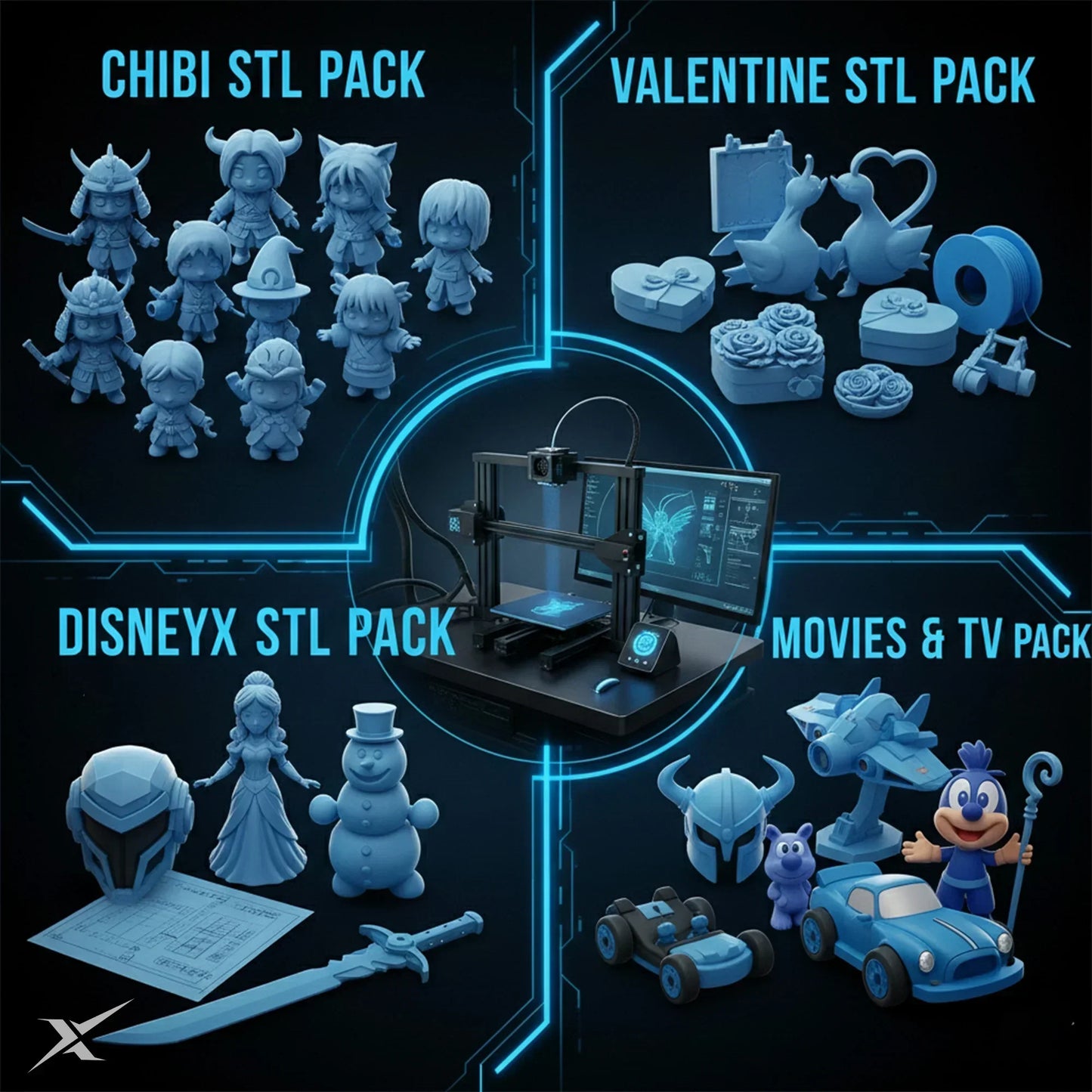 3D printer on desk surrounded by chibi, Disney, Valentine, and movie-themed STL model packs.
