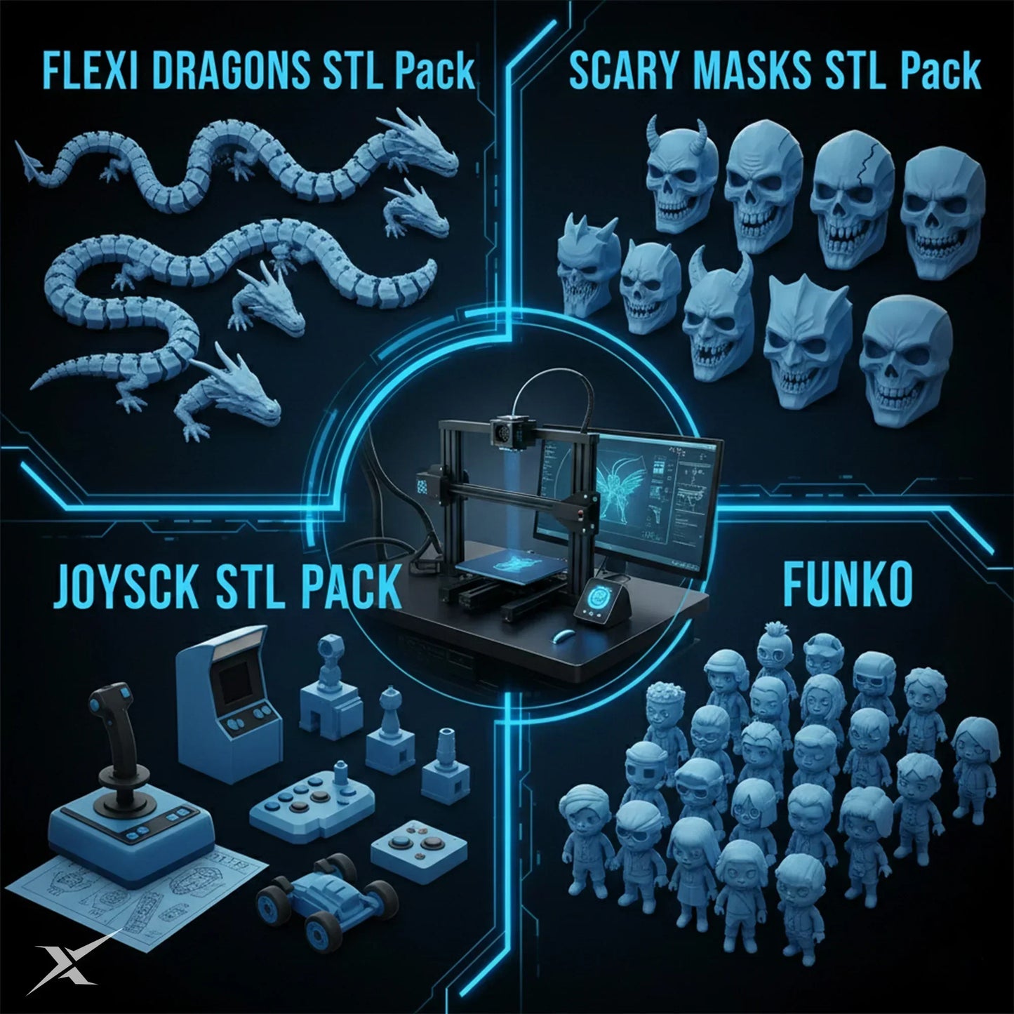 3D printer surrounded by STL packs: flexi dragon models, scary skull masks, joysticks, and collectible figures.