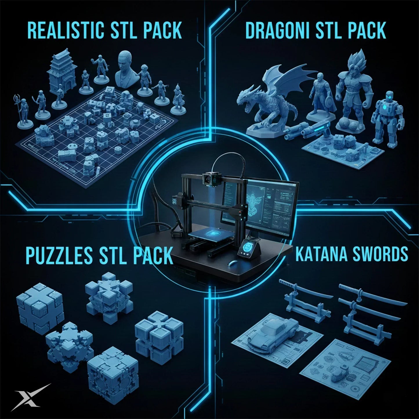 3D printer surrounded by STL packs including realistic miniatures, dragons, puzzles, and katana sword models