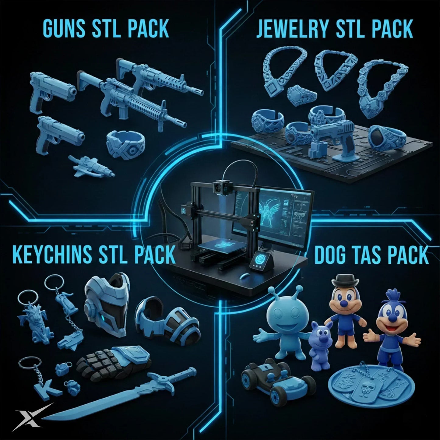 3D printer with STL file packs for guns, jewelry, keychains, and dog tags in digital display