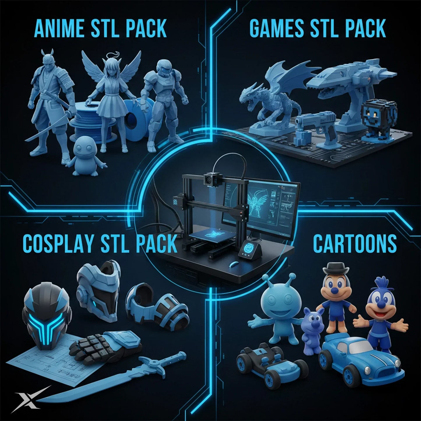 3D printer with anime, games, cosplay, and cartoon STL 3D model packs displayed around it