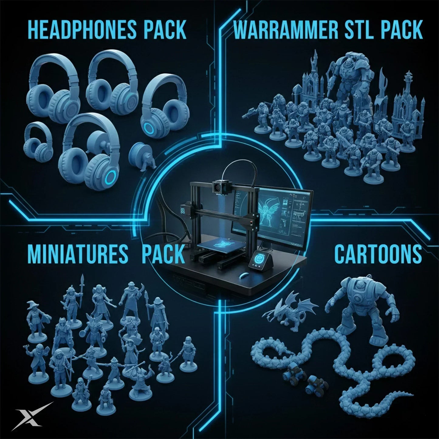 3D printer with digital display surrounded by STL packs of headphones, miniatures, war game figures, and cartoon models.
