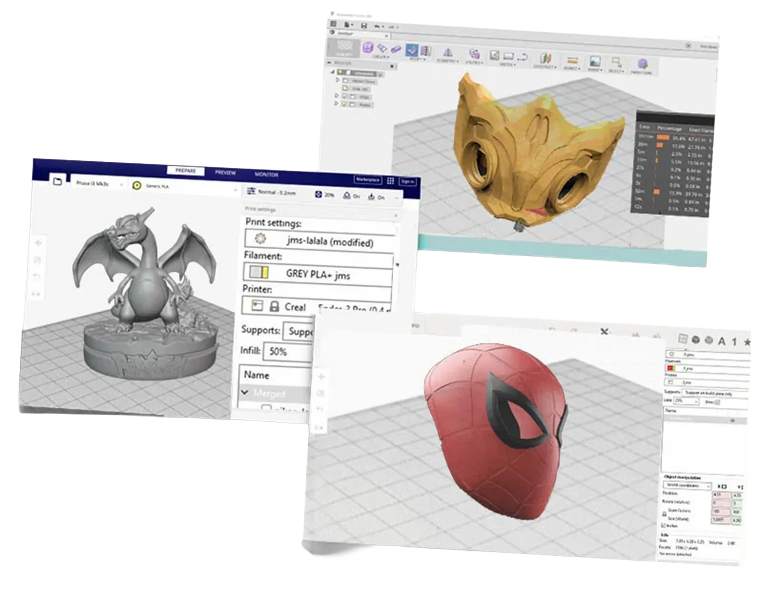 3D printing STL files preview: dragon figurine, gold mask, red superhero mask models