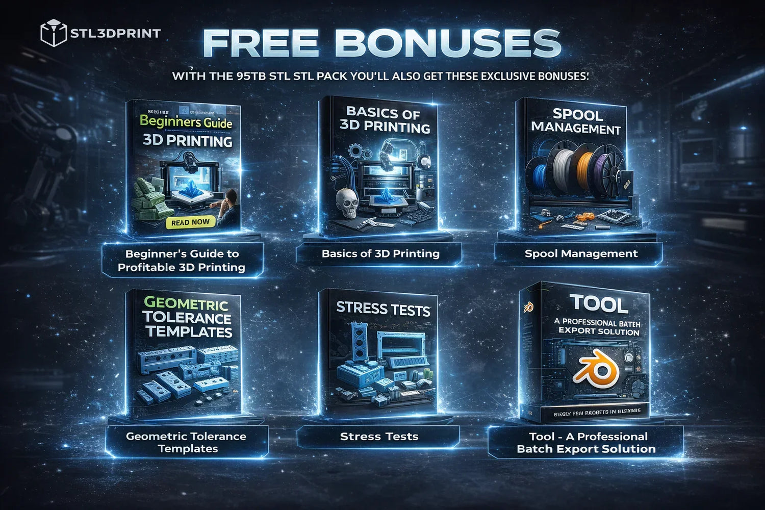 3D printing bonuses including beginner guides, spool management, templates, and export tools