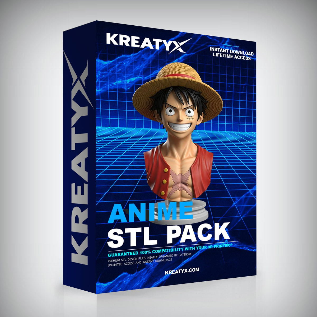 Kreatyx Anime STL Pack box with a character in a straw hat on a blue grid background