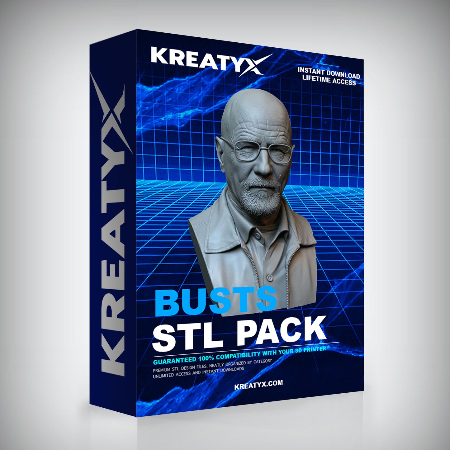 Kreatyx Busts STL Pack packaging with a digital interface design.