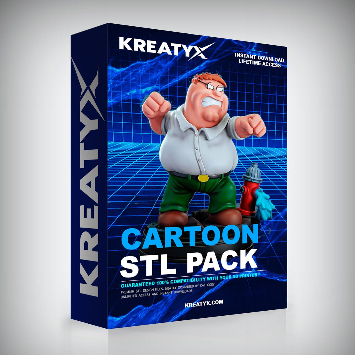 Kreatyx Cartoon STL Pack box with a cartoon character on a blue grid background