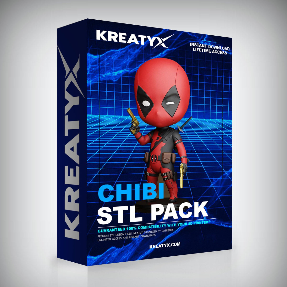 Kreatyx Chibi STL Pack box with a superhero figure on a blue grid background
