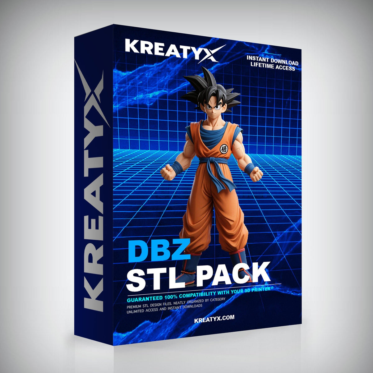 Kreatyx DBZ STL Pack packaging with a character figure on a blue grid background