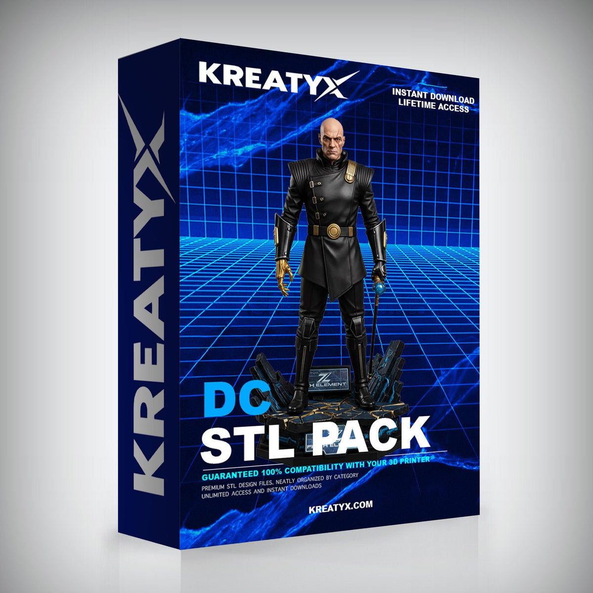 Kreatyx DC STL Pack box with a character in a black suit on a blue grid background