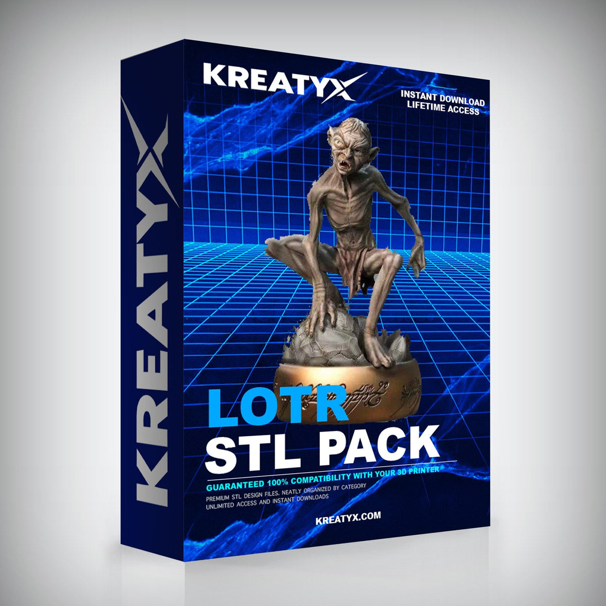 Kreatyx LOTR STL Pack packaging with a fantasy figure on a grid background