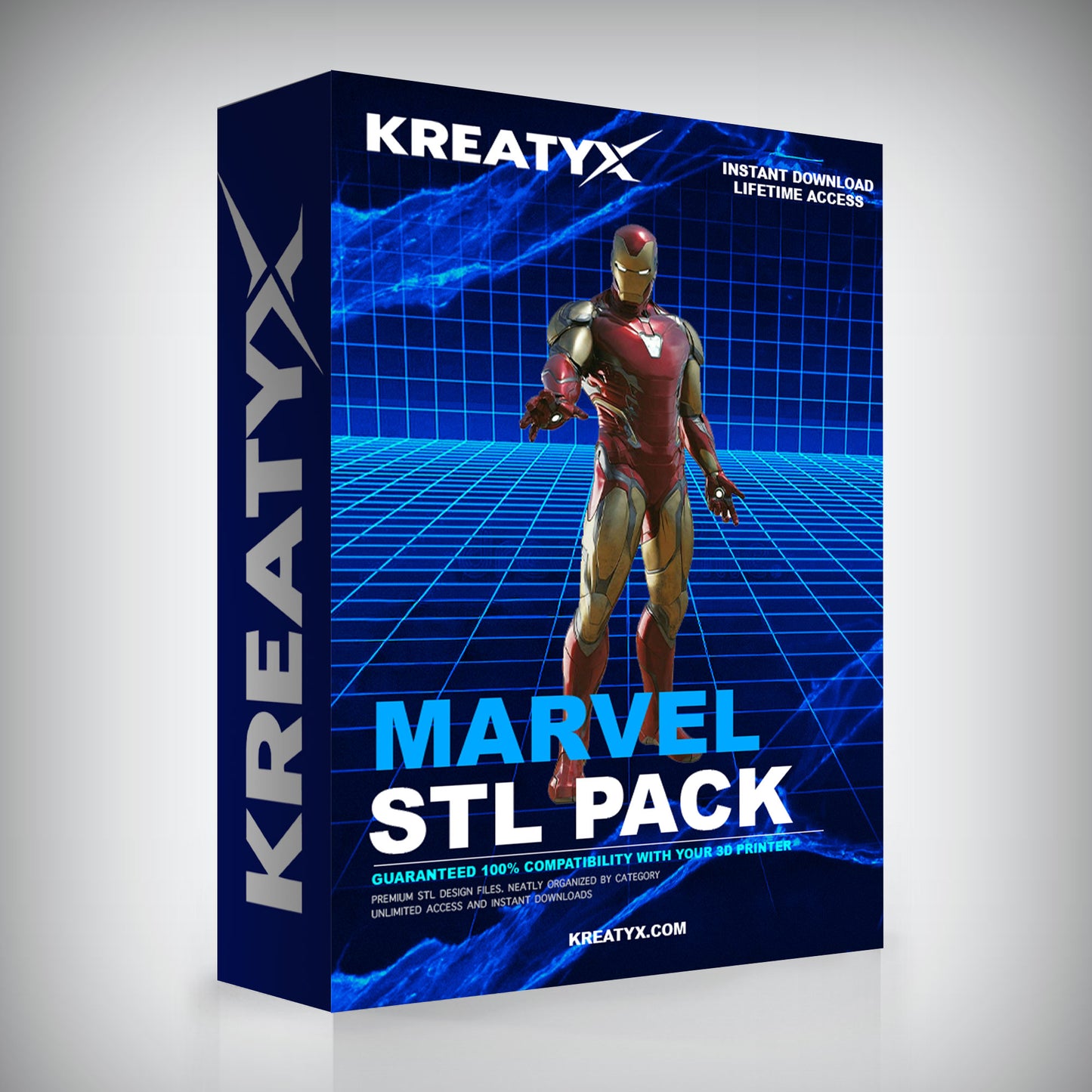 Kreatyx Marvel STL Pack box with superhero figure on a blue grid background