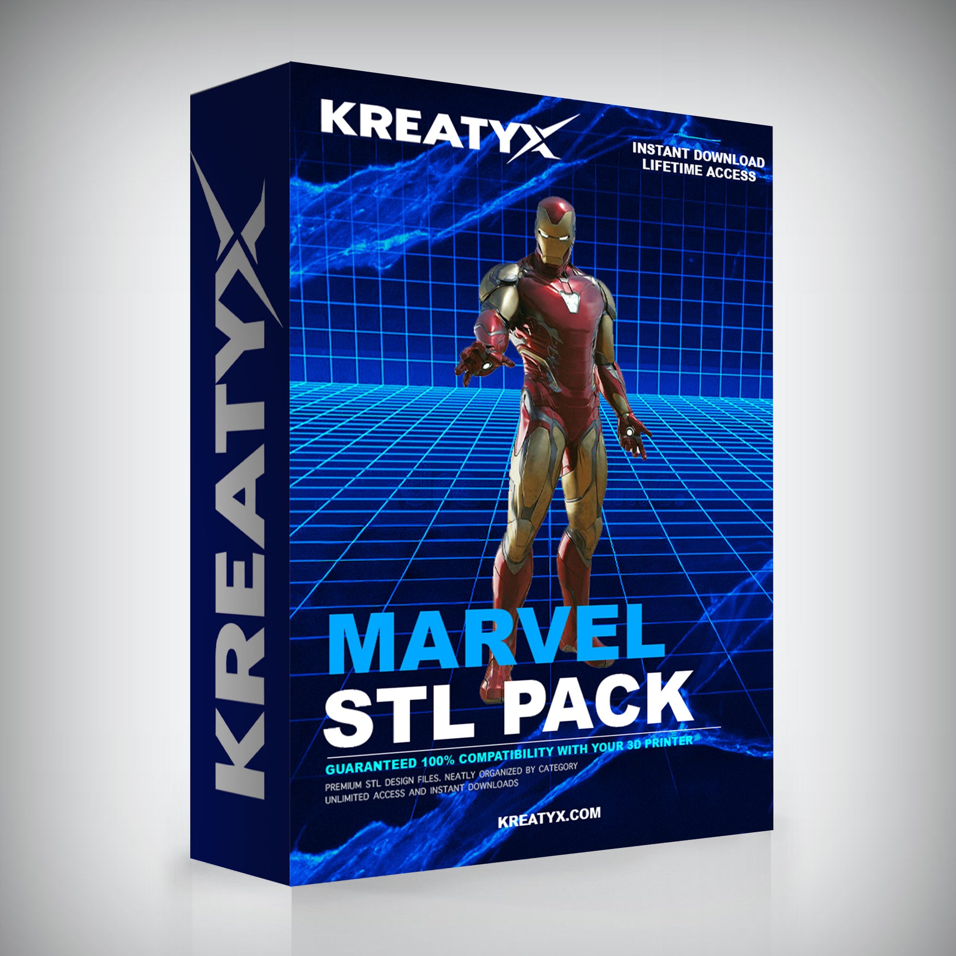 Kreatyx Marvel STL Pack box with superhero figure on a blue grid background