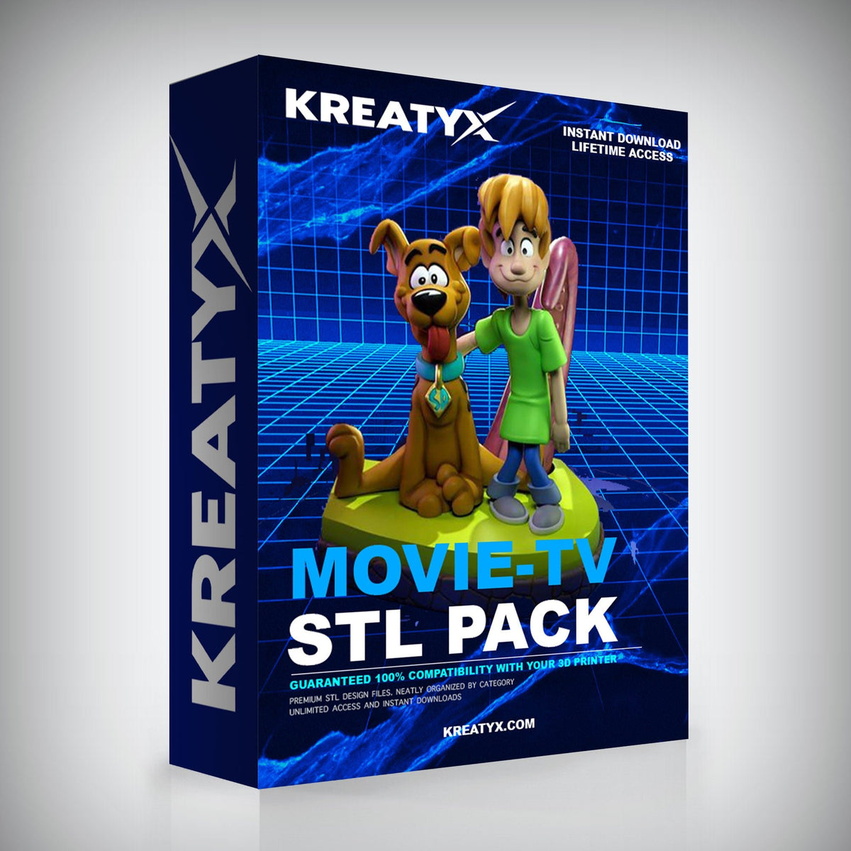Kreatyx Movie-TV STL Pack packaging with cartoon characters on a blue grid background