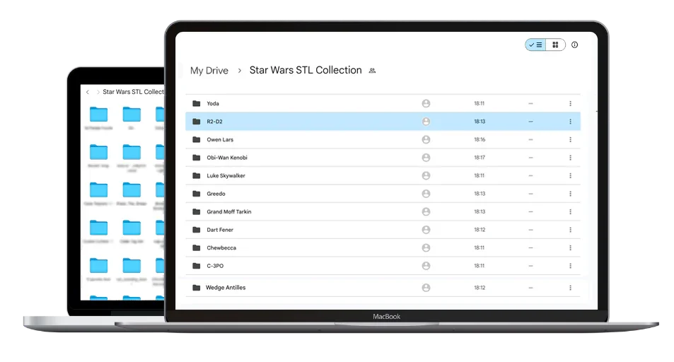 Laptop screens displaying digital folder structure for Star Wars STL files for 3D printing