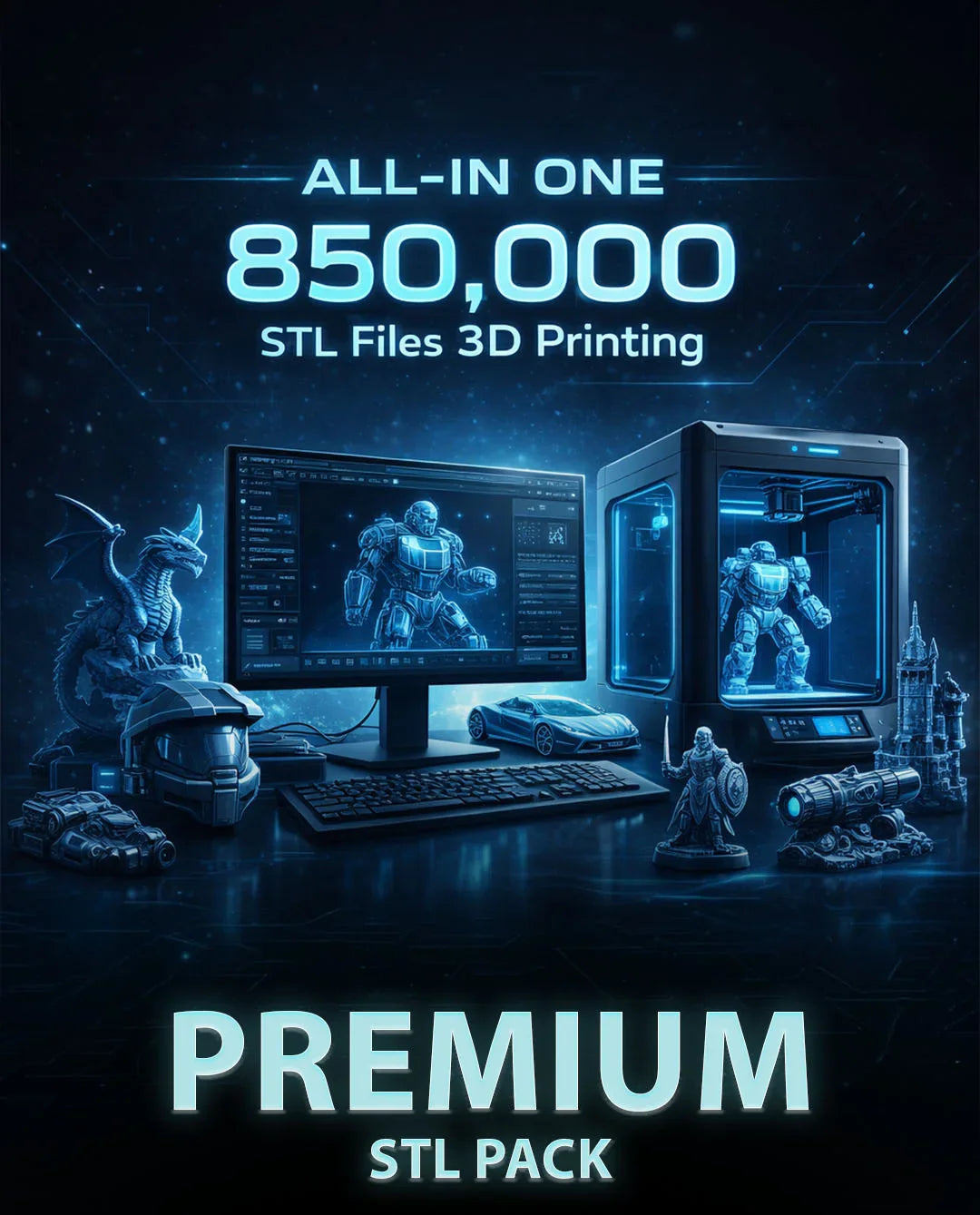 Premium 3D printing STL files pack with computer, 3D printer, and miniatures display