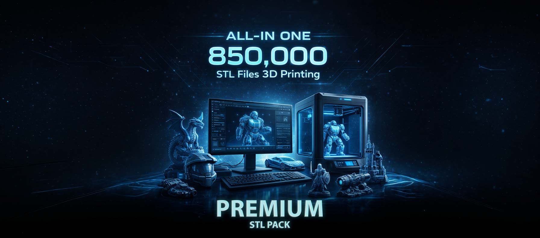 Promotional graphic for 3D printing software with text and computer setup on a dark background