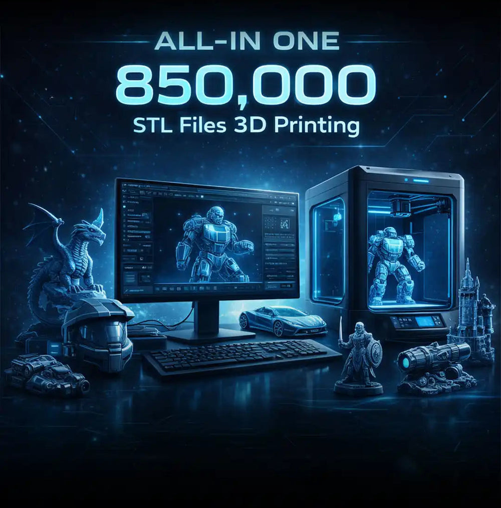 Promotional graphic for all-in-one 850,000 STL files 3D printing, showing a desktop setup with a monitor displaying a humanoid robot model, a 3D printer with a blue-lit enclosure, and various sci-fi miniature models and a car model on a dark futuristic background.