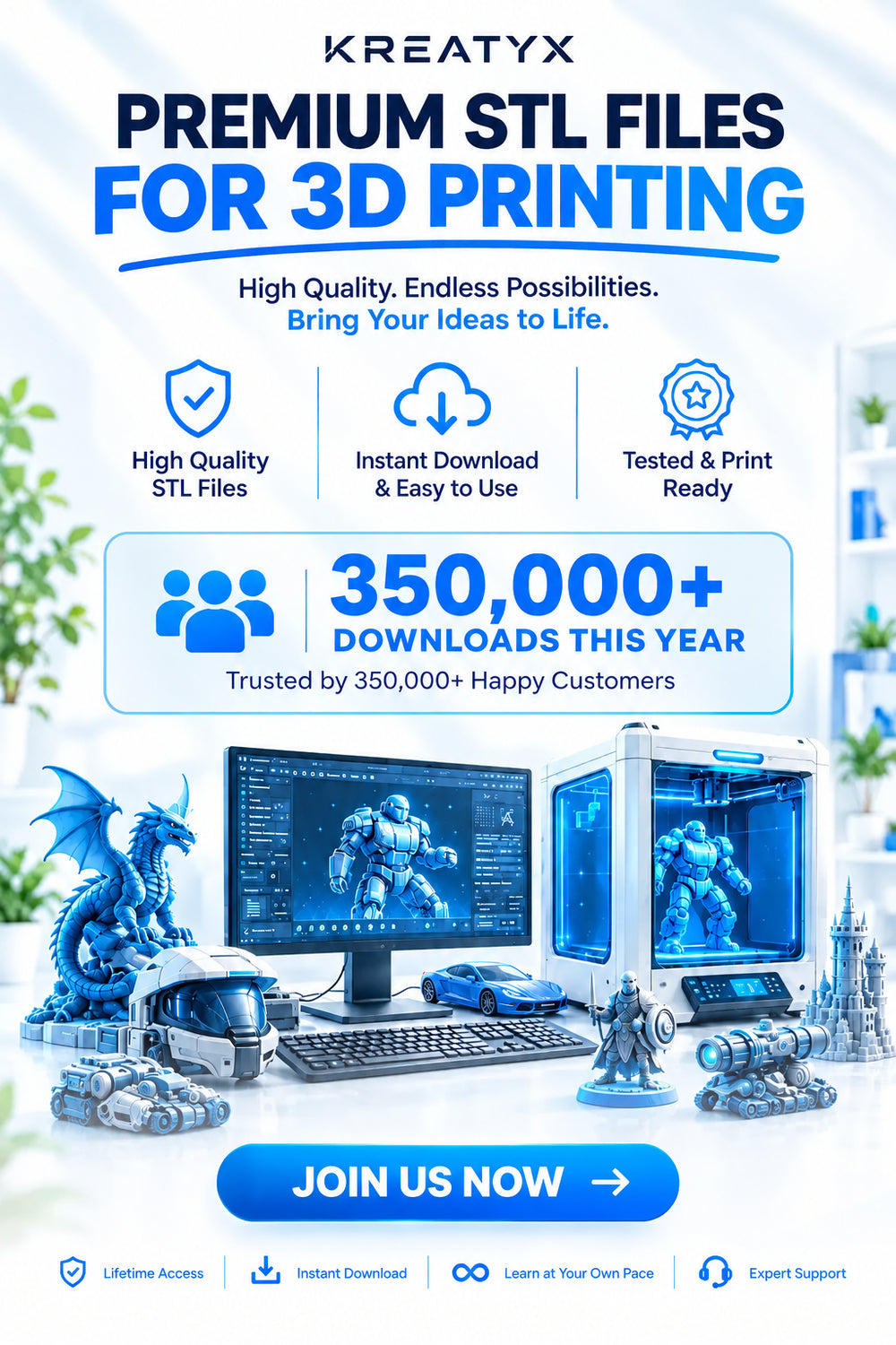 Promotional graphic for KREATYX premium STL files for 3D printing, featuring blue sci-fi and fantasy model prints, a 3D printer, a computer monitor, and text highlighting high-quality files, instant download, and 350,000+ downloads.