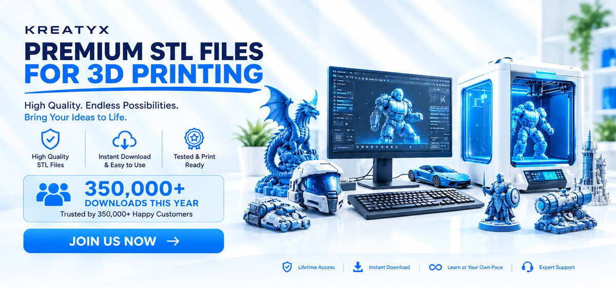 Promotional banner for KREATYX Premium STL Files for 3D Printing, featuring a 3D printer with a blue dragon model, a desktop computer with a blue robot model on screen, and various small 3D prints on a white desk against a bright blue and white background.