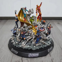 Avengers action figure set on a display base with a white background