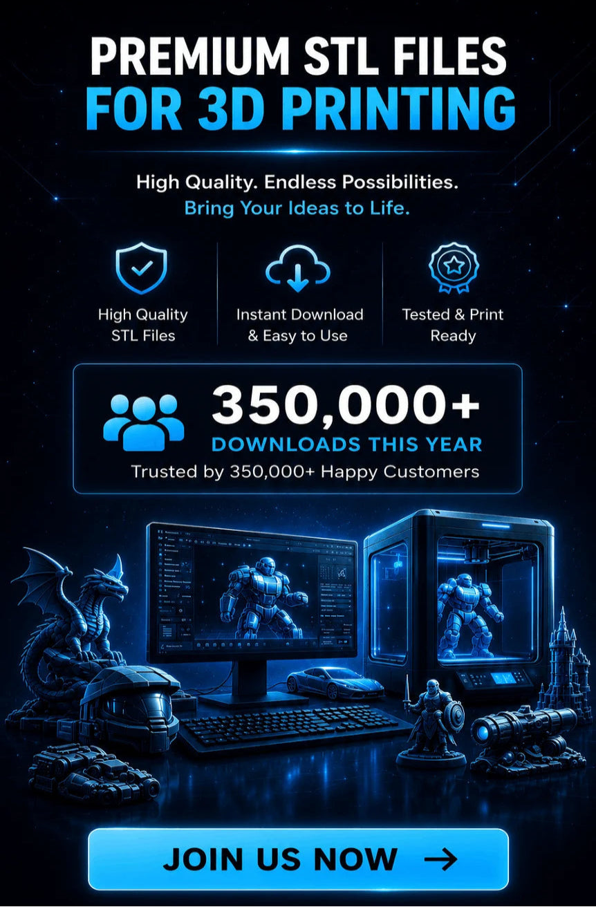Advertisement for premium STL files for 3D printing with a computer screen, models, and text on a dark background.