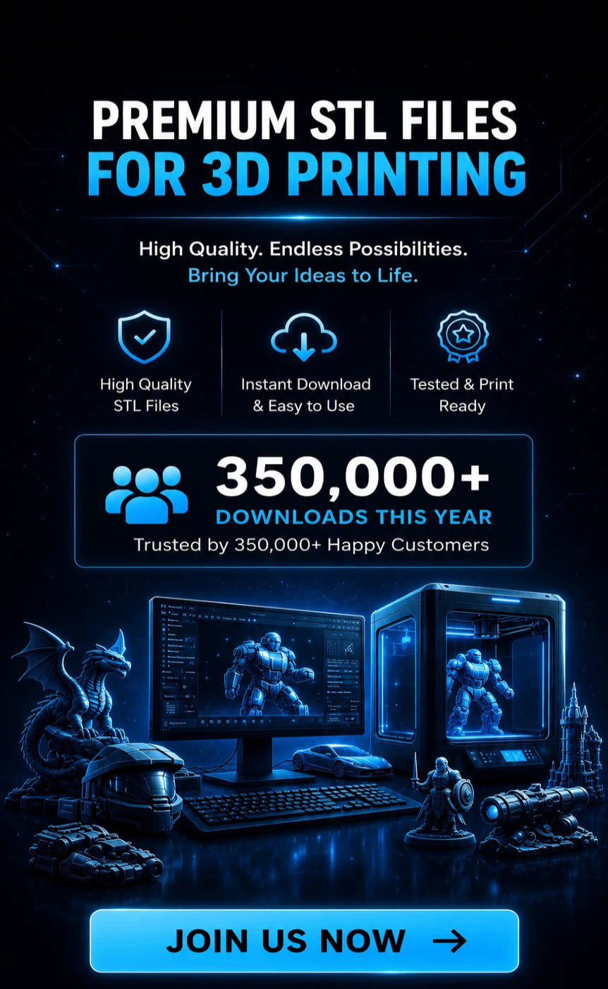 Advertisement for premium STL files for 3D printing with a computer screen, models, and text on a dark background.